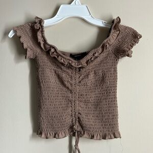 Brown off-the-shoulder blouse